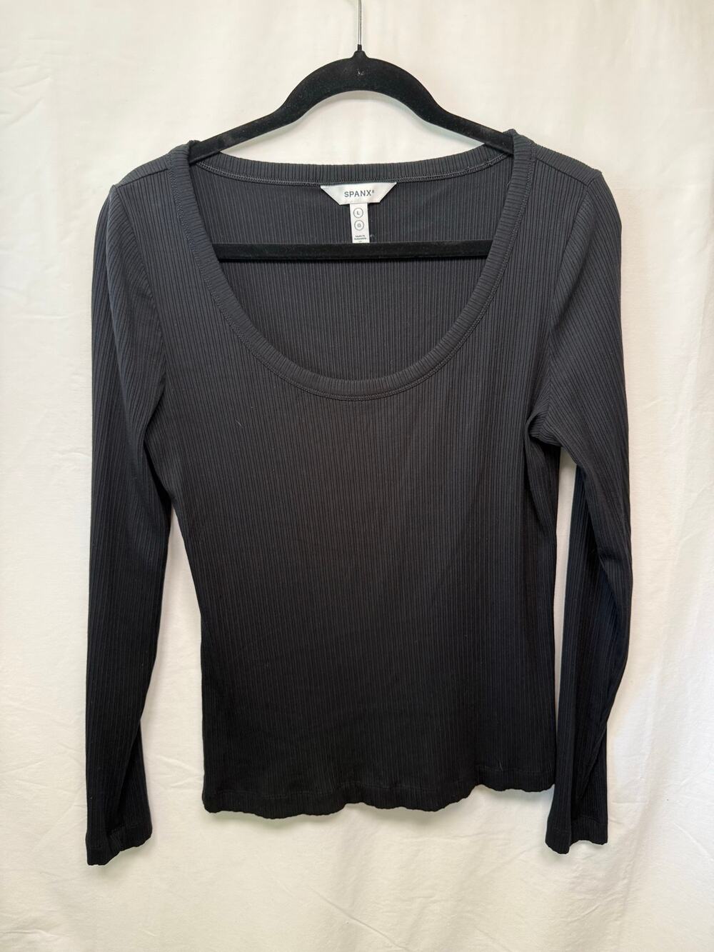 Spanx Power Rib Scoop Neck Long Sleeve Shirt, Black, Size Large